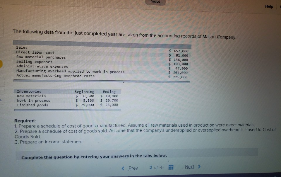  Saved Help The following data from the just completed year are