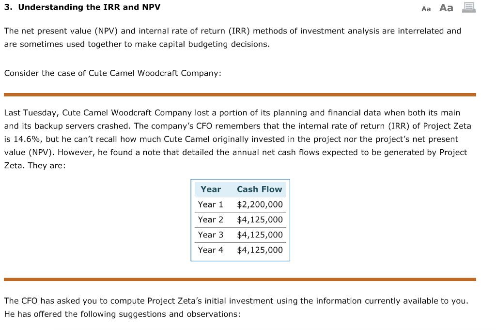 3. Understanding the IRR and NPV Aa Aa E The net