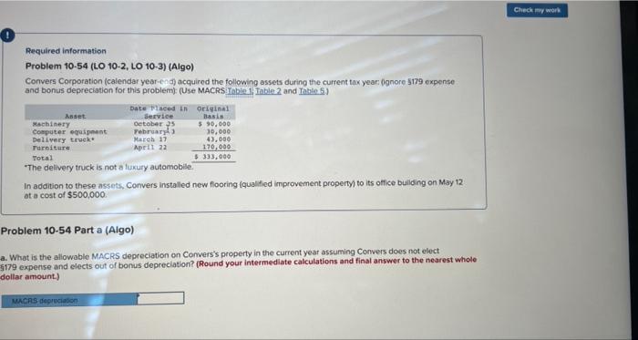  Check my work Required information Problem 10-54 (LO 10-2, LO 10-3)