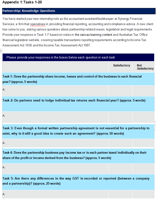 Appendix 1:Tasks 1-20 Partnership: Knowledge Questions You have started your new