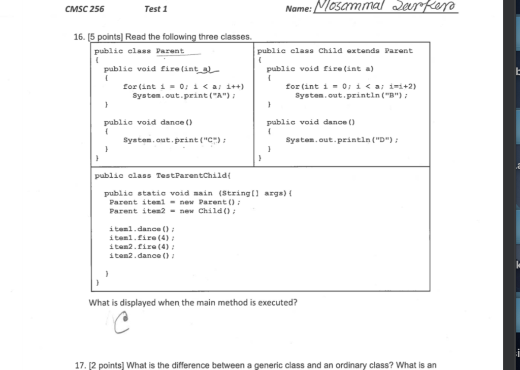  osmmmala CMSC 256 Test 1 Name: 16. [5 points] Read the