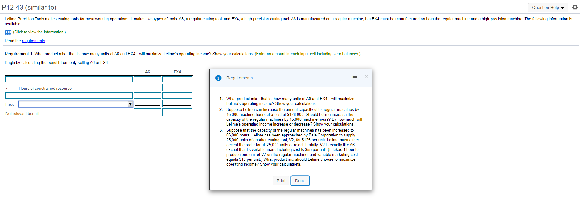  P12-43 (similar to) Question Help Lelime Precision Tools makes cutting tools