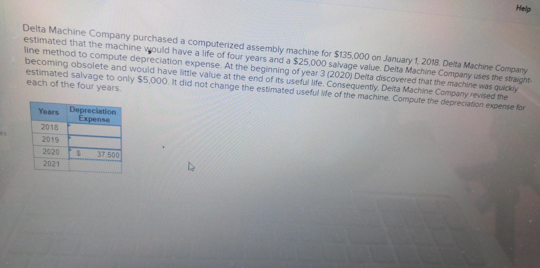  Help Delta Machine Company purchased a computerized assembly machine for $135,000