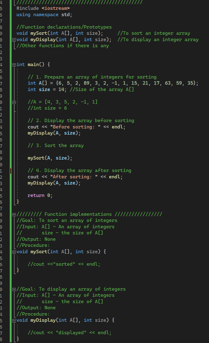 Using mySort(int [], int size) create a selection sort function to sort