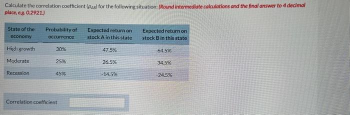  Calculate the correlation coefficient (AB) for the following situation: (Round intermediate