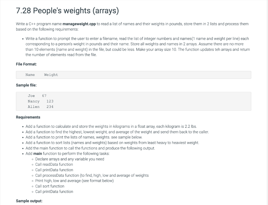  Write a C++ program name manageweight.cpp to read a list of