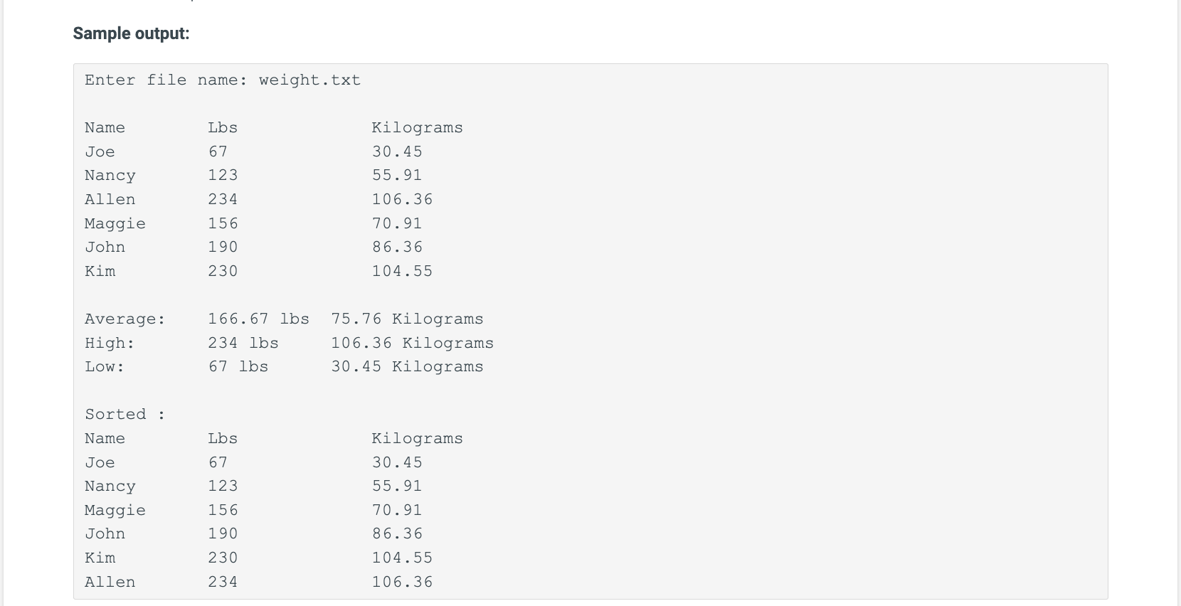 names and their weights in pounds, store them in 2 lists and