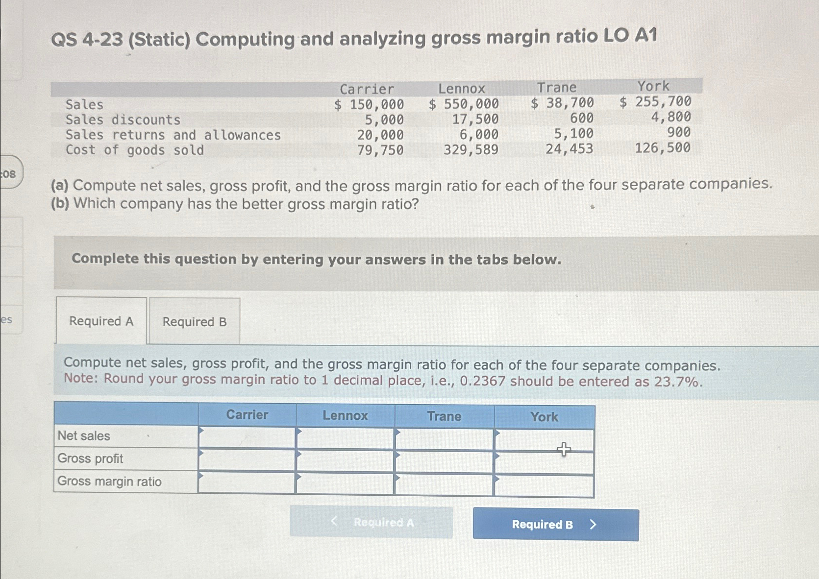  QS 4-23(Static) Computing and analyzing gross margin ratio LO A1 \table[[,Carrier,Lennox,Trane,York],[Sales,$150,000,$550,000,$38,700,$255,700