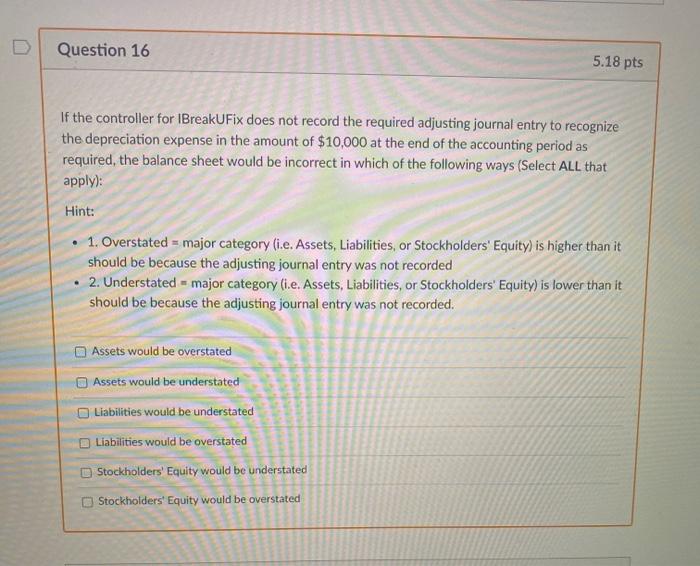 Question 16 5.18 pts If the controller for BreakUFix does not