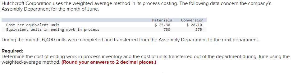  Hutchcroft Corporation uses the weighted-average method in its process costing. The