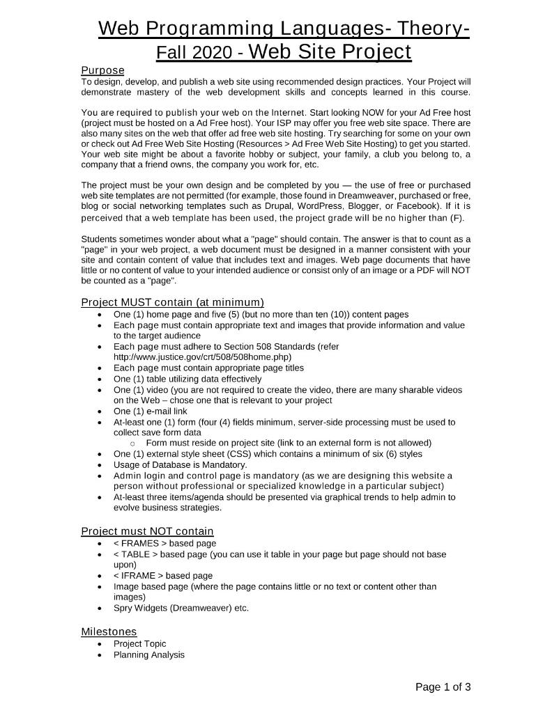  Web Programming Languages- Theory- Fall 2020 - Web Site Project Purpose