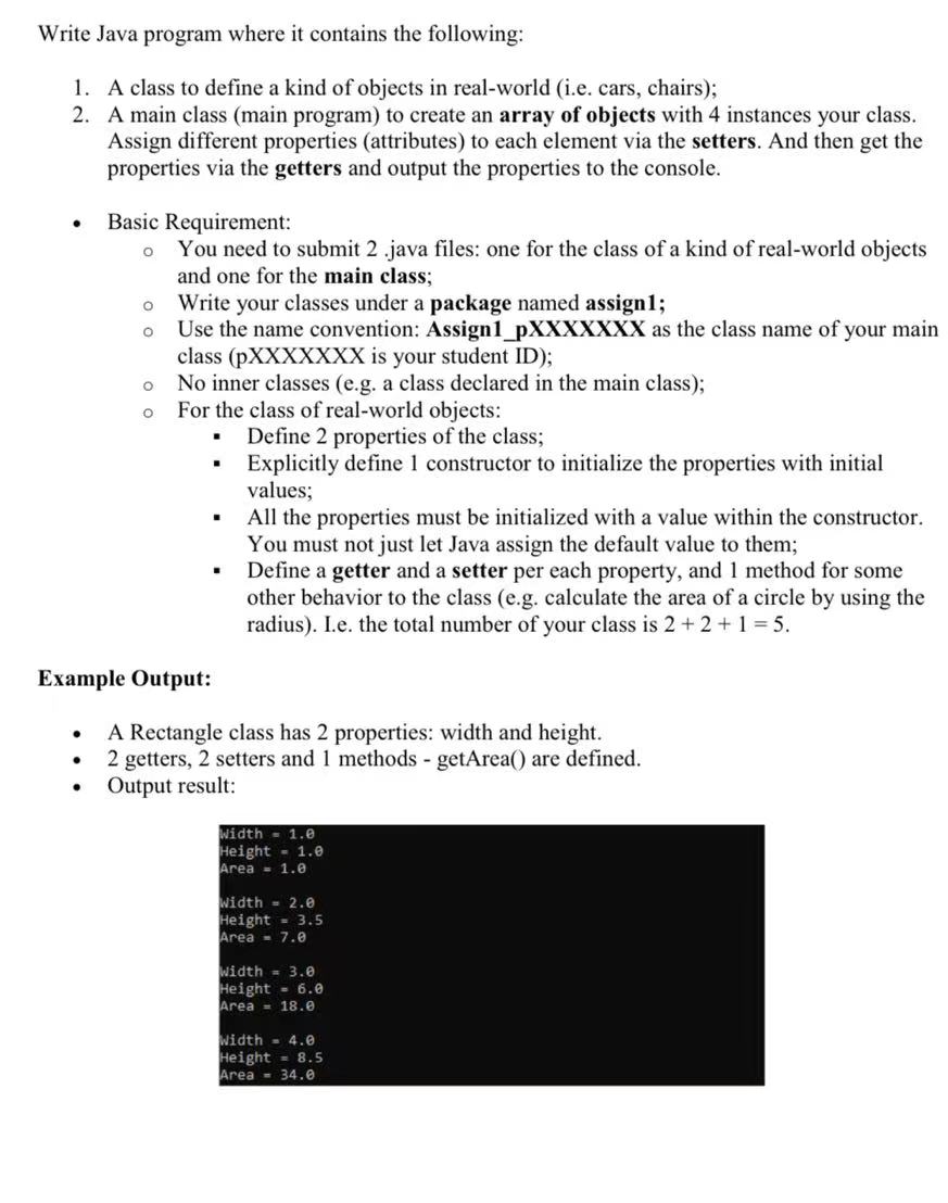  Write Java program where it contains the following: A class to
