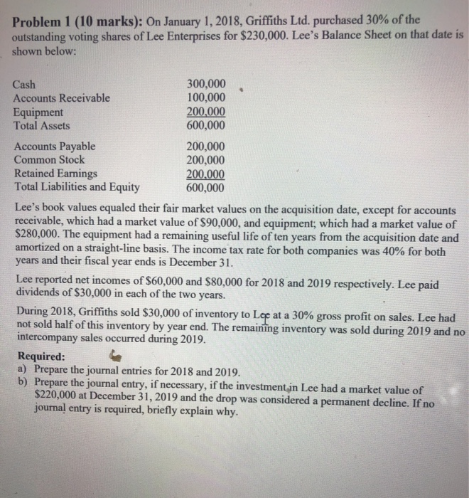  Problem 1 (10 marks): On January 1, 2018, Griffiths Ltd. purchased