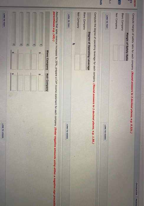 following CVP Income statements are available for Blanc Company and Noir Company