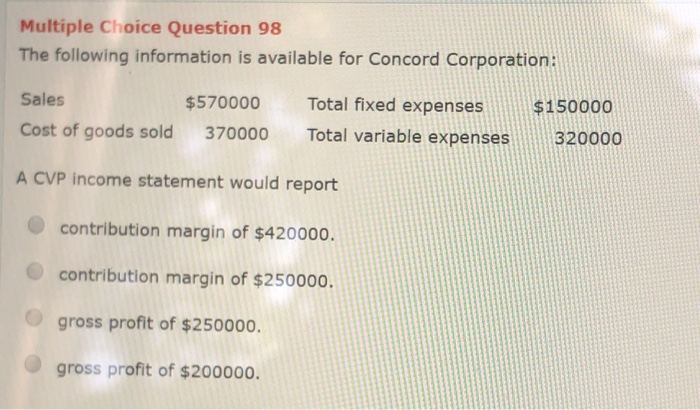  Multiple Choice Question 98 The following information is available for Concord