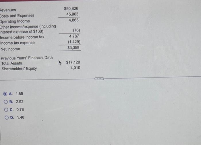 the current year: A. 1.85 B. 2.92 C. 0.78 D. 1.46 A.