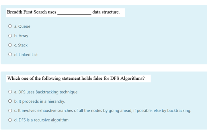  Breadth First Search uses data structure. O a. Queue O b.