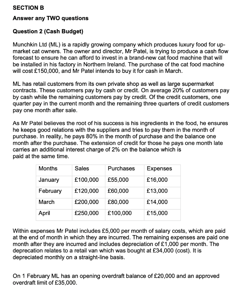 SECTION B Answer any TWO questions Question 2 (Cash Budget) Munchkin
