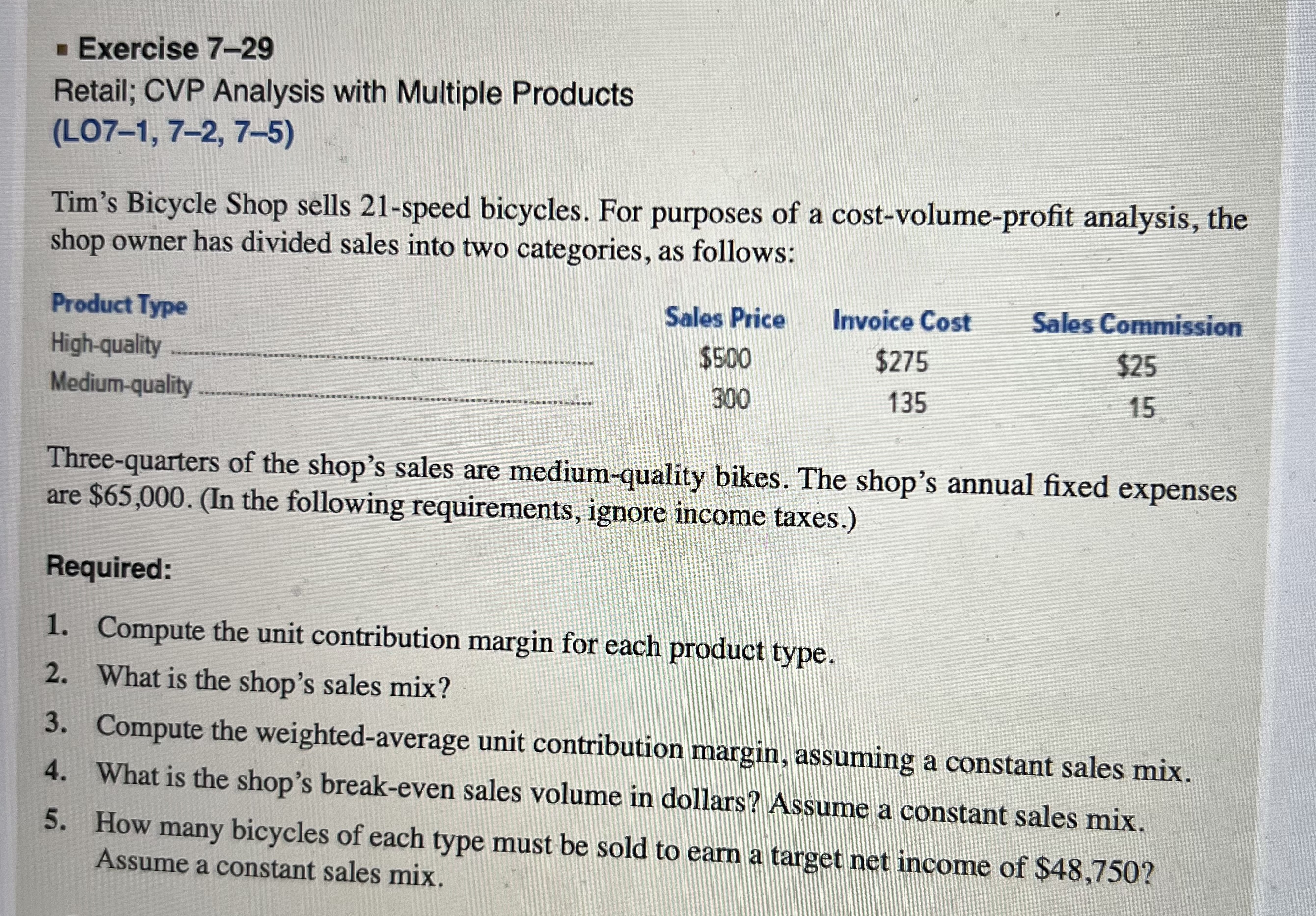  Exercise 7-29 Retail; CVP Analysis with Multiple Products (LO7-1,7-2,7-5) Tim's Bicycle
