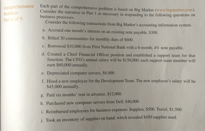  Each part of the comprehensive problem is based on Big Marker