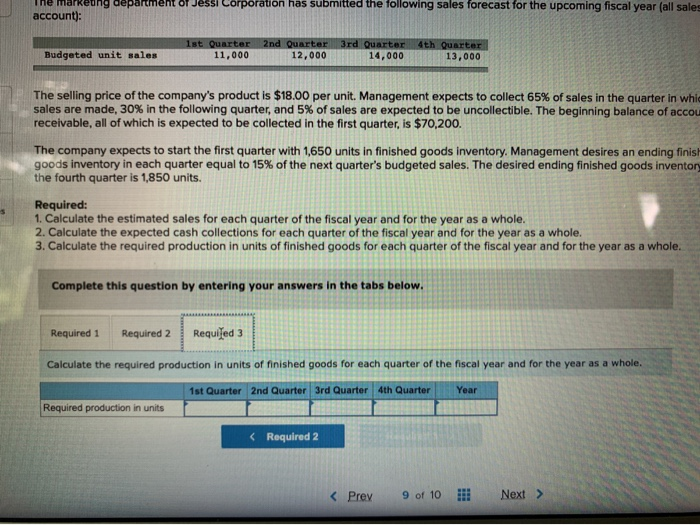marketing department of Jessi Corporation has submitted the following sales forecast for