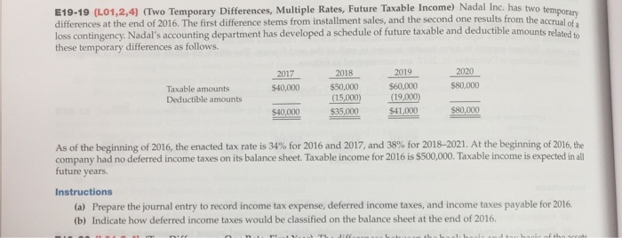  Please help with this question E19-19 (L01,2,4) OTwo Temporary Differences, Multiple