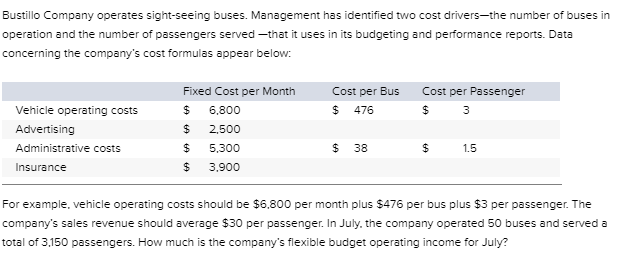 Bustillo Company operates sight-seeing buses. Management has identified two cost drivers-the