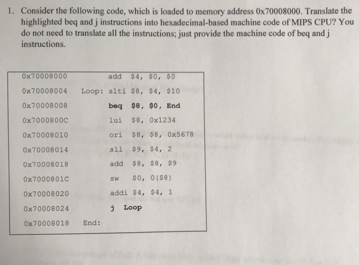  Consider the following code, which is loaded to memory address 0x70008000.