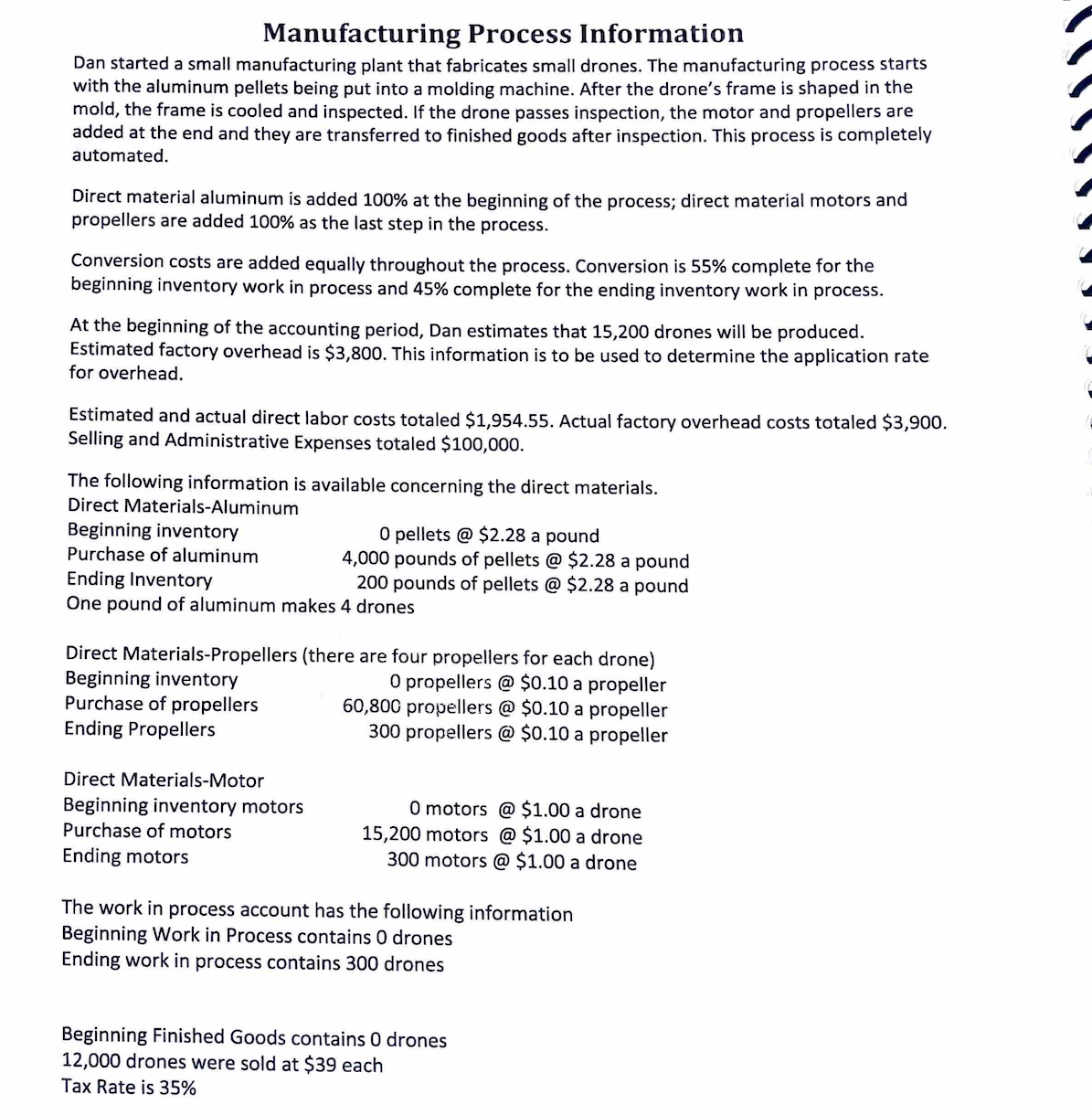  Manufacturing Process Information Dan started a small manufacturing plant that fabricates