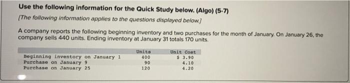  Use the following information for the Quick Study below. (Algo) (5-7)
