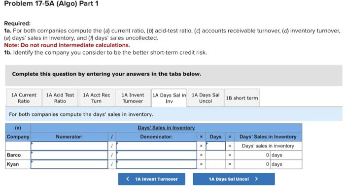 acid-test ratio, (c) accounts receivable turnover, (d) inventory turnover, (e) days' sales