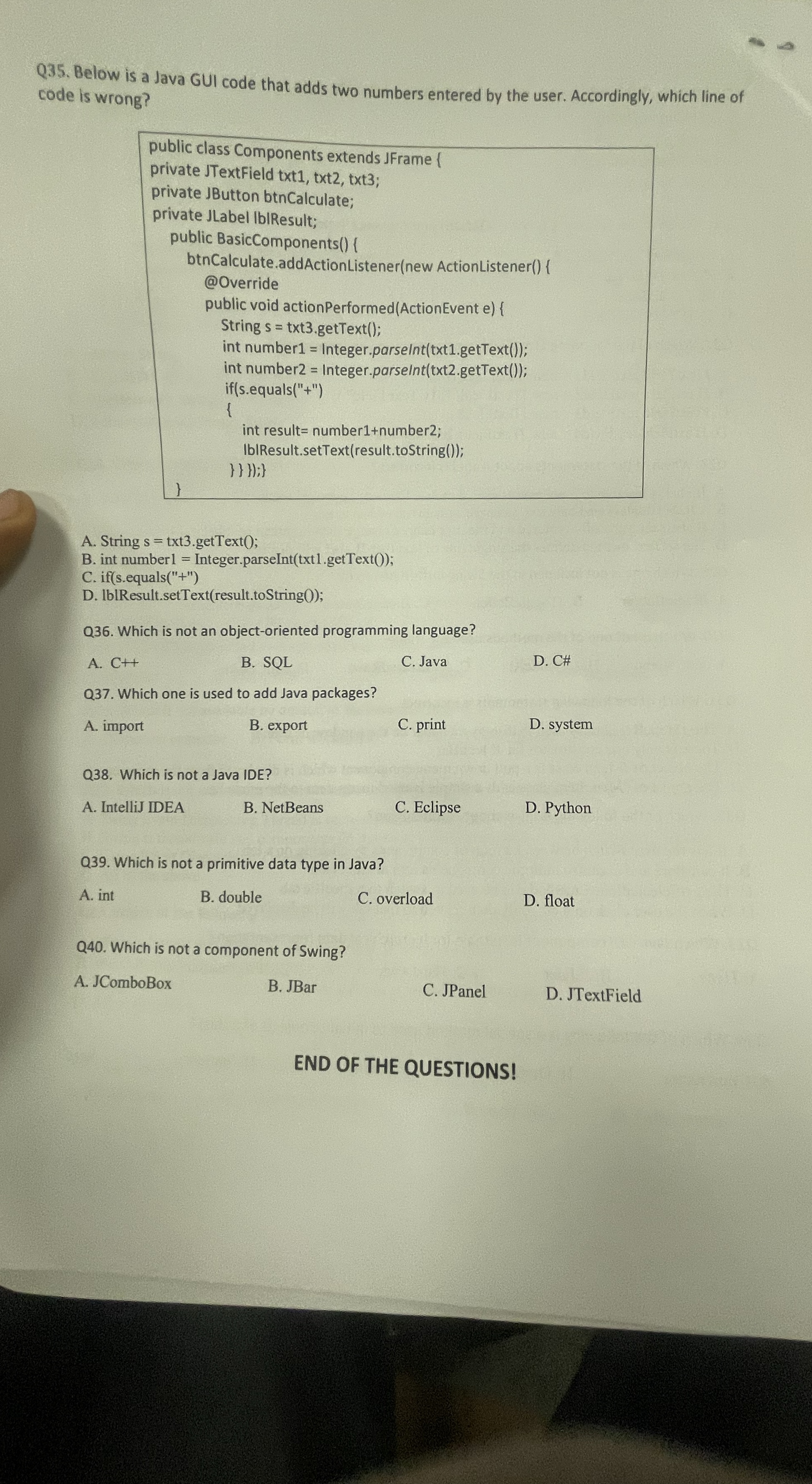  Q35. Below is a Java GUI code that adds two numbers