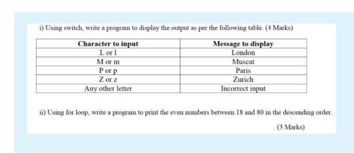  1) Using switch, write a program to display the output as