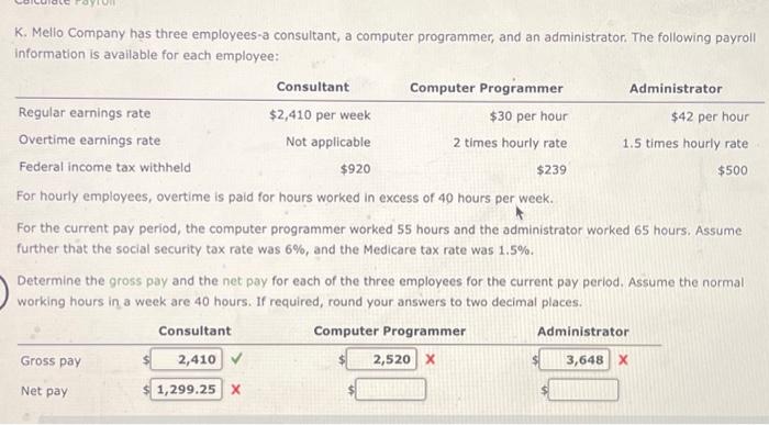  K. Mello Company has three employees-a consultant, a computer programmer, and