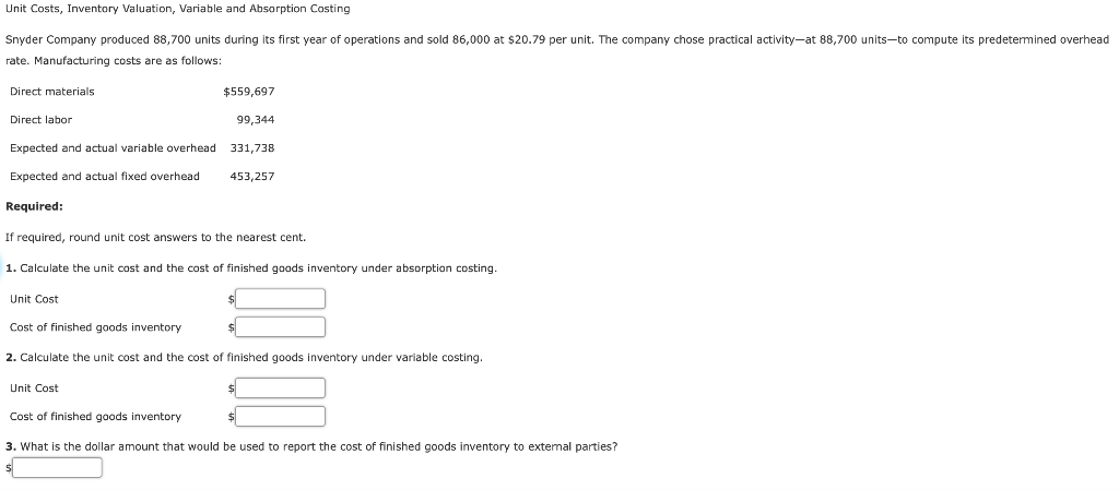  Unit Costs, Inventory Valuation, Variable and Absorption Costing Snyder Company produced