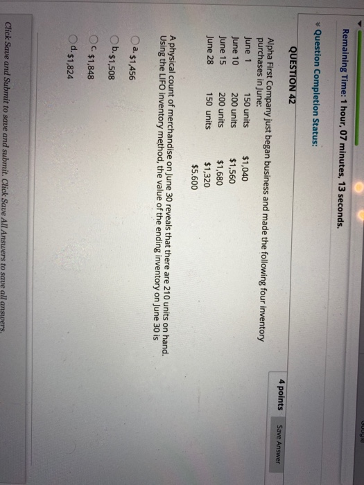  Cuyle Remaining Time: 1 hour, 07 minutes, 13 seconds. Question Completion