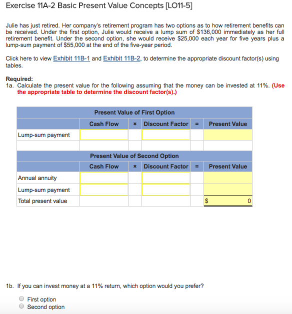  Exercise 11A-2 Basic Present Value Concepts [LO11-5 Julie has just retired.