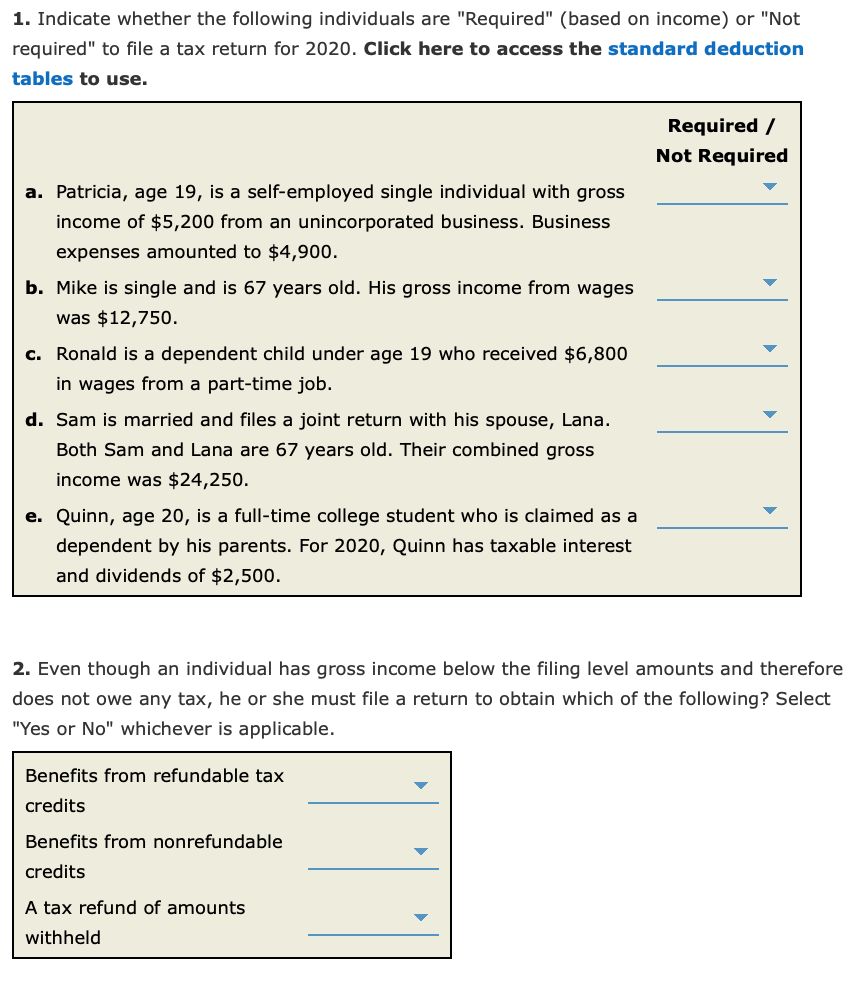  1. Indicate whether the following individuals are "Required" (based on income)