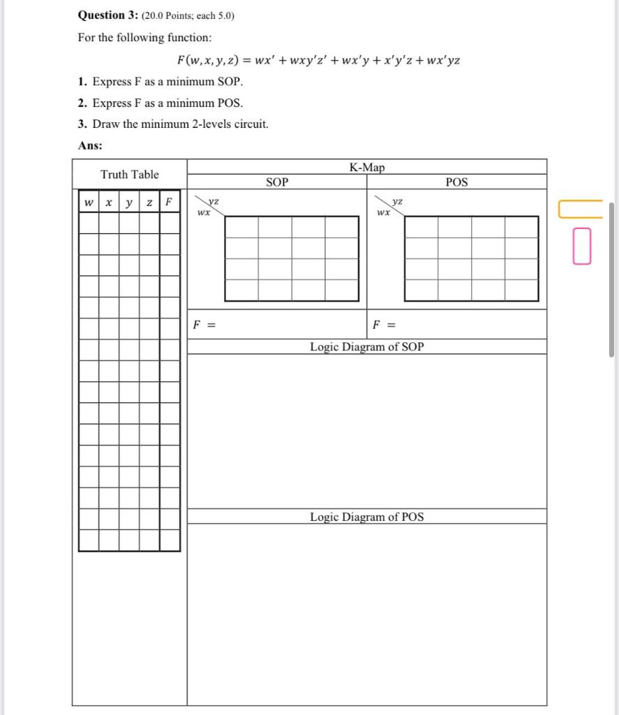  Question 3: (20.0 Points: each 5.0) For the following function: F(w,x,