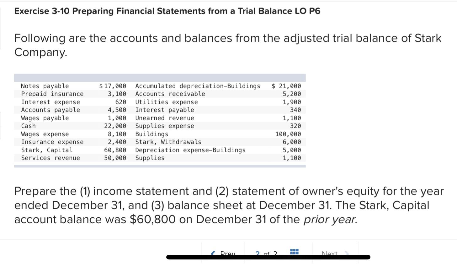  Exercise 3-10 Preparing Financial Statements from a Trial Balance LO P6