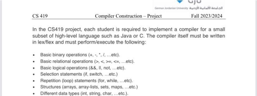  CS419 Compiler Construction - Project Fall 2023/2024 In the CS419 project,