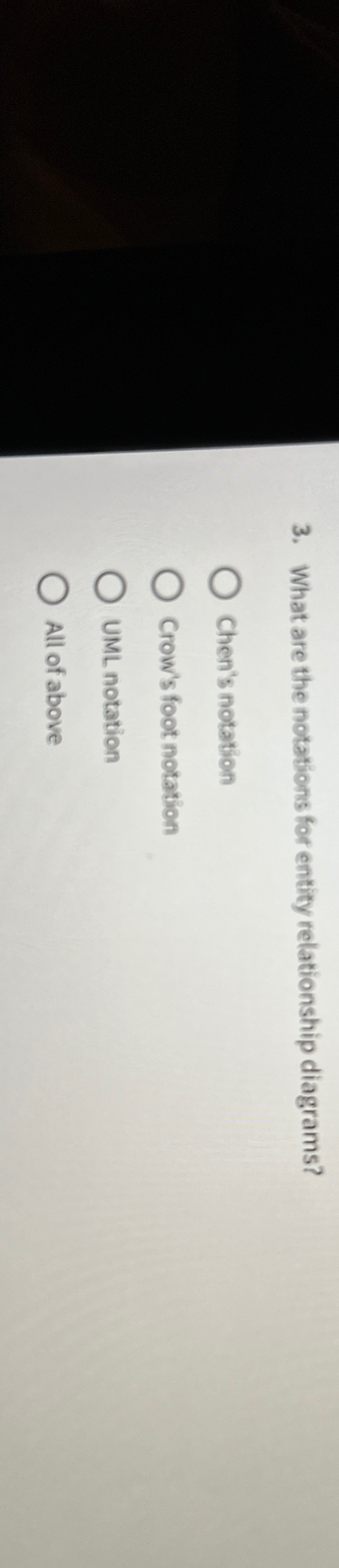  What are the notations for entity relationship diagrams? Chen's notation Crow's