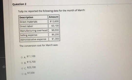 Question 2 Tulip Inc reported the following data for the month