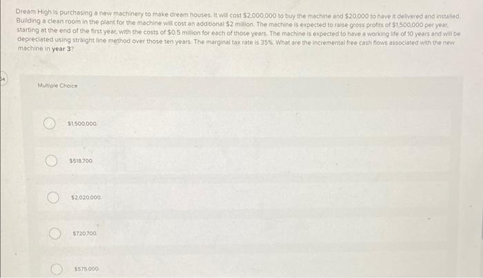 Please answer for upvote Dream High is purchasing a new mochinery to