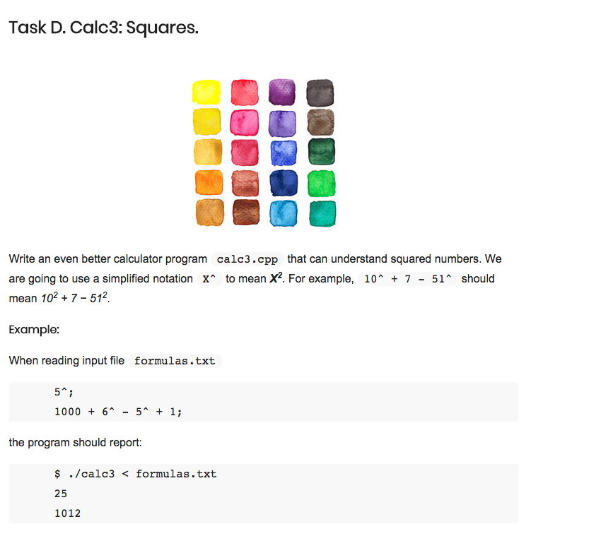  Task D. Calc3: Squares. Write an even better calculator program calc3.cpp