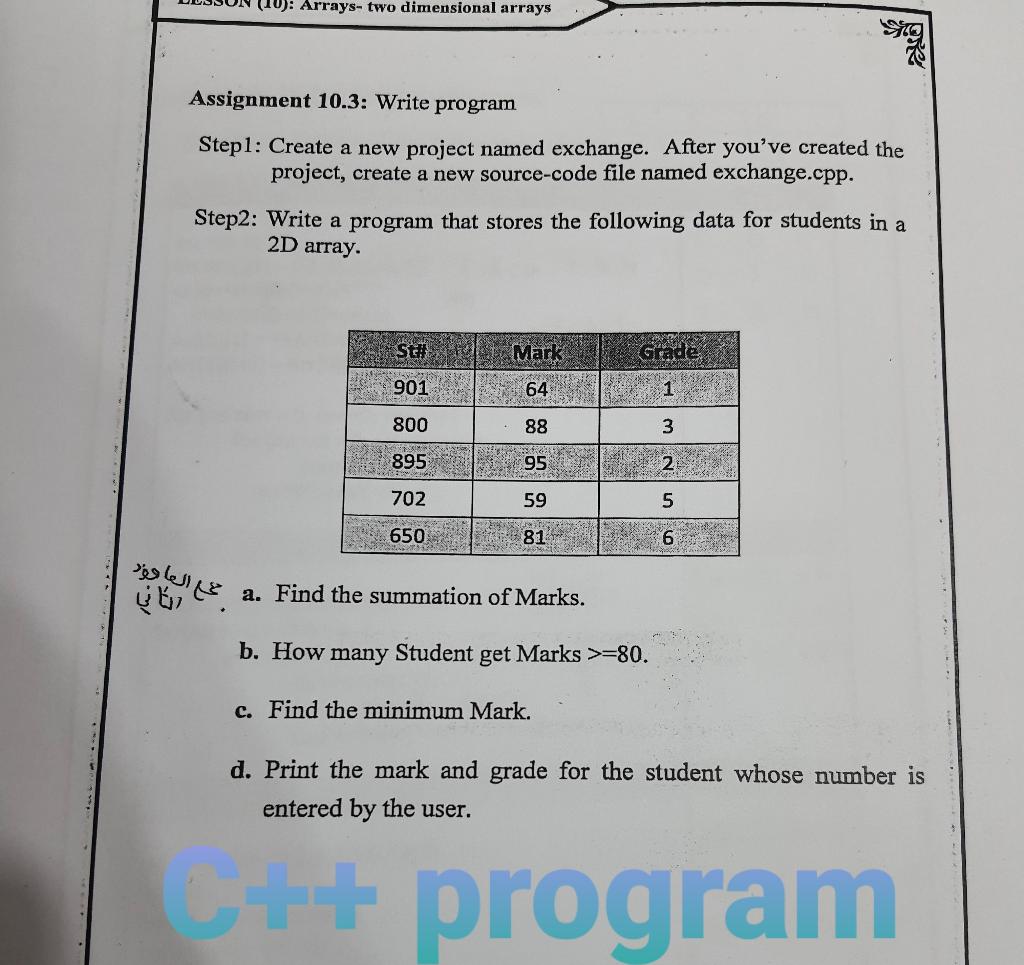  Arrays-two dimensional arrays Assignment 10.3: Write program Stepl: Create a new