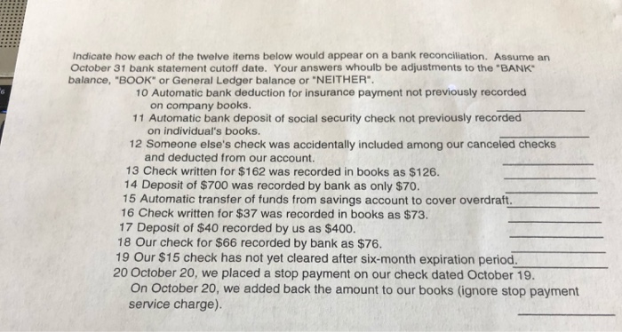  Indicate how each of the twelve items below would appear on