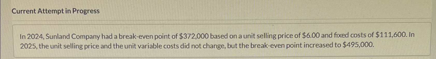  Current Attempt in Progress In 2024, Sunland Company had a break-even