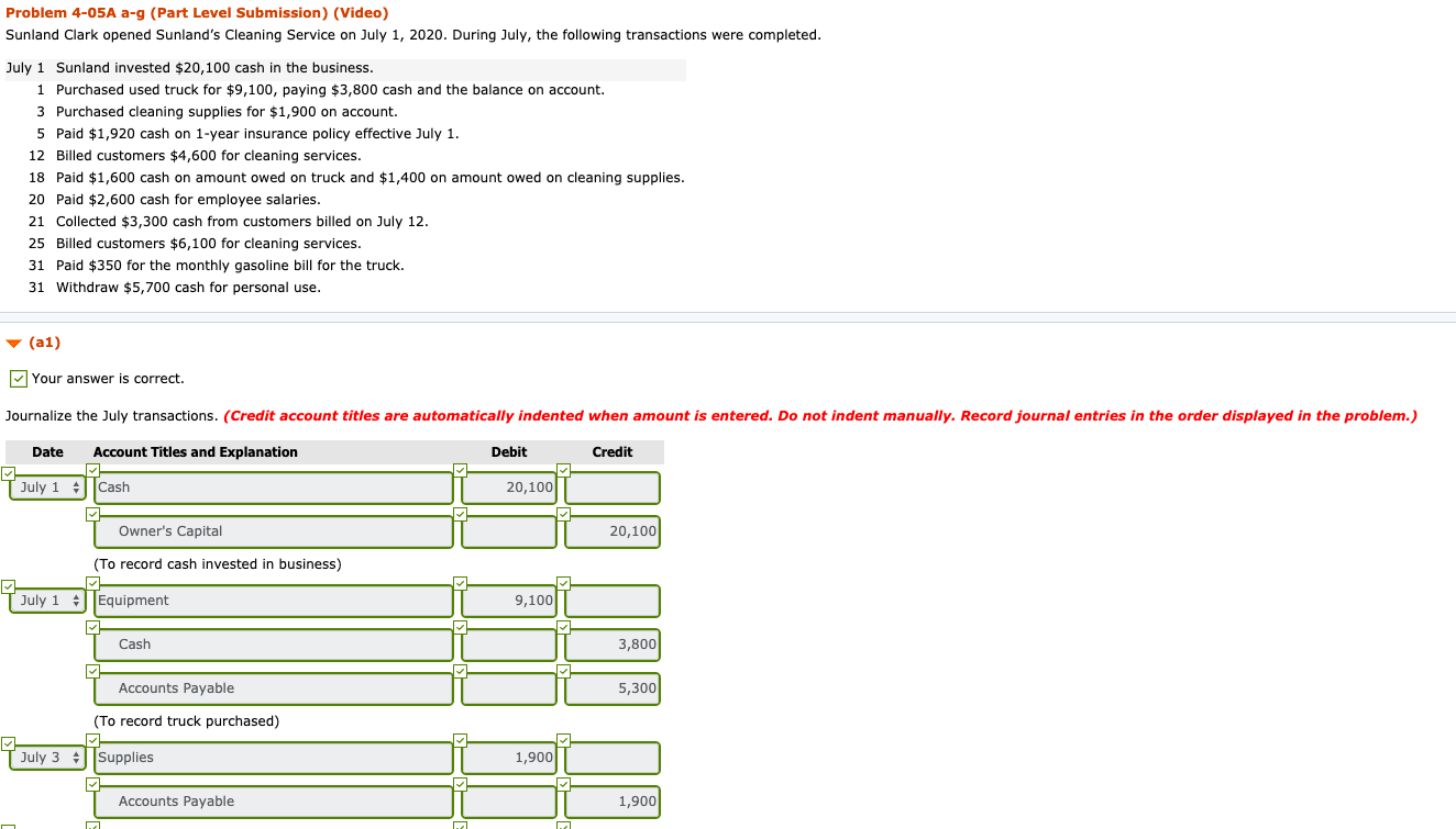 Problem 4-05A a-g (Part Level Submission) (Video) Sunland Clark opened Sunland's