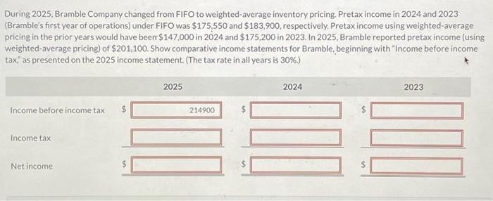  During 2025, Bramble Company changed from FIFO to weighted-average inventory pricing.